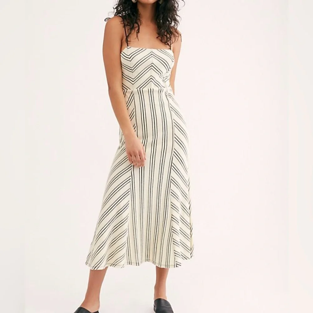 Free People Women Chevron Backless Strappy Knit Midi Dress Sz Medium Cream Black